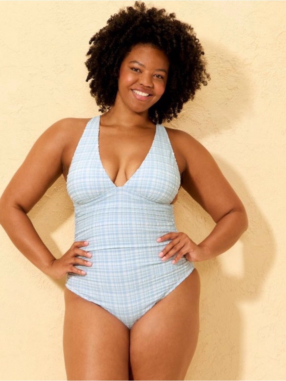 Shade & Shore Plus Size Light Blue Plaid One-Piece Swimsuit XL